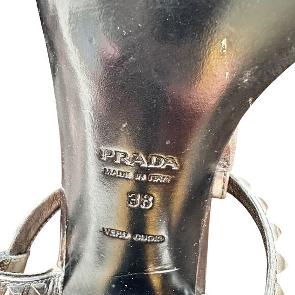 Prada 38 Patent Leather T-Strap Silver Studded crystals Accents Block Sandals - Picture 7 of 15